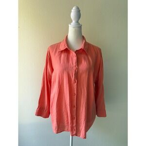LL Bean Coral Women's Size Larg Linen Coastal Preppy Long Sleeve Button Up Shirt